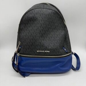 Michael Kors Rhea Backpack Women Medium Black Blue Logo Pebbled Leather